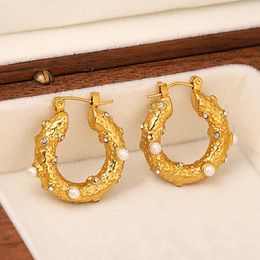 Hoop Earrings AENSOA Stainless Steel Gold Plated Round Vintage Jewelry Fashion Casting Metal Zircon Pearl Huggies