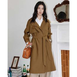 Women's windbreaker camel textured wool windproof coat slim fitting lace up mid length coat 2e