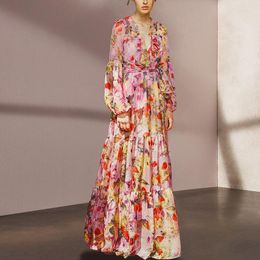 Casual Dresses Vacation Bohemian Floral Printed Long For Women 2023 Boho Elegant Ruffles V-neck Sleeve Maxi Dress Chiffon