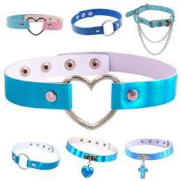 Choker Goth Blue Laser Light PU Leather Necklace Women Punk Harajuku Heart Cross Gothic Jewellery Sexy Accessories