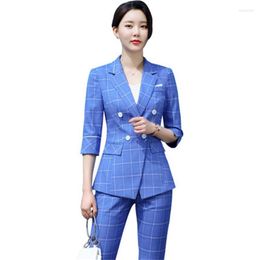Women's Two Piece Pants Plaid Suit Spring And Summer Fashion Professional Wear Ladies Mid-sleeved Temperament Formal Work Clothes Two-piece