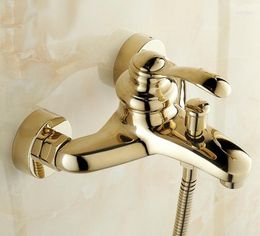 Kitchen Faucets Gold Color Brass Wall Mounted Bathroom Single Handle Bathtub Faucet Tap Hand Held Shower Set With Bracket &1.5m Hose