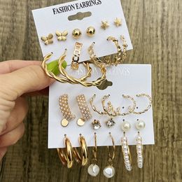 Stud Vintage Geometric Metal Earrings Set For Women Fashion Crystal Pearl Dangle Drop Girl Trendy Jewellery 230424