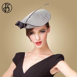 Wide Brim Hats Bucket FS Fascinator Wedding For Women Elegant Black White Feather Striped Cupid Pillbox Hat Vintage Cocktail Lady Church Fedoras 230424