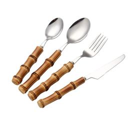 Dinnerware Sets Set 18/10 Stainless Steel Tableware Natural Bamboo Hand Knife Fork Spoon Luxury Cutlery Flatware Lx4542 Drop Deliver Dhtxt