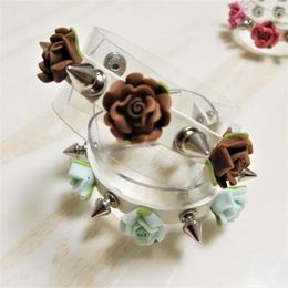 Bangle Women Sexy Lolita Fashion Harajuku Handmade Leather Bracelet Rock Punk Rivets Spikes Ceramic Flower Wrist Belt Two Layers