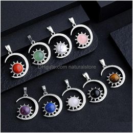 Charms Moon And Sun Pendant Natural Stone Rose Quartz Tiger Eye Amethyst Charms For Jewellery Making Keychain Necklace Wholesale Drop De Dhmd1