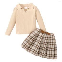 Clothing Sets Toddler Girls Long Sleeve Solid Colour Ribbed Tops Plaid Skirt Two Piece Outfits Set For Girl Pant Baby Clothes