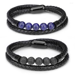 Bangle Genuine Leather Bracelet Natural Stone Bracelets Tiger Eye Beads Braided Bangles Stainless Steel Clasp Men