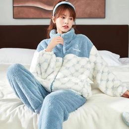 Women's Sleepwear Coral Fleece Pyjama Sets Women Autumn Winter Thick Warm 2 Piece Set Flannel Zipper Nightwear Home Clothes Homewear Fem