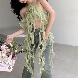 Women's Tanks Camis Green Ruffle Y2K Crop Top Women Fashion Tassel Irregular Halter Backless Tops Summer Sexy Bodycon Sleeveless Blouse 2023 230425