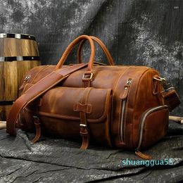 Duffel Bags Vintage Crazy Horse Leather Travel Bag With Shoe Pocket 20 Inch Big Capacity Real Weekend Luuage Large Messenger