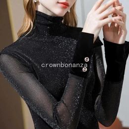 Women's T Shirts T-shirt Woman Lace Chiffon Turtleneck Sexy Clothing Black 2023 Trend Top Tees Pulovers In 90s Graphic