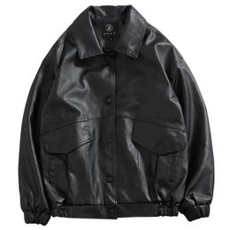Men's Leather Faux Leather Street Fashion PU Leather Jackets Men Black Soft Faux Leather Tops Motorcycle Biker Casual Loose Coats Bomber Pockets Jacket 231124