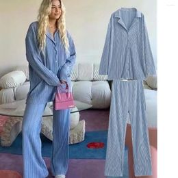 Women's Two Piece Pants Withered Ins Fashion Blogger Vintage Texture Blue Color Casual Blouse And Straight Loose Women Sets