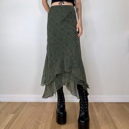 Skirt Y2k Vintage Floral Print Midi Boho High Waist Ruffled Mesh Double Layer Long Grunge Fairycore 90s Streetwear 230424