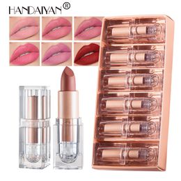 HANDAIYA Crystal Square Tube Lipstick Small Ice Cube Matte Lipstick Set 6pcs Velvet Long Lasting Professional Tube Lip Makeup