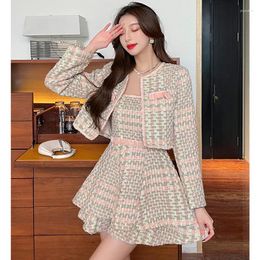 Work Dresses Sweet Pink Tweed Two Piece Set Women Short Jacket Sexy Strapless Slim Mini Dress Suits High Quali Fall Female 2 Sets