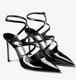 Famous Summer Brand Azia Sandals Shoes Woomen Pump Black Nude Patent Leather Pointed Toe Party Wedding Lady High Heels EU35-43 With Box