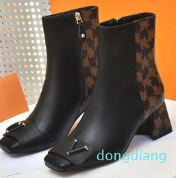 Women Ankle Boots Classic Prints Cowskin Leather Booties Chunky Heels Square Toe Black Party shake boots