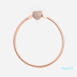 Fashion 18K Rose gold diamond Heart Bracelets for Pandora 925 Silver Smooth Snake Chain Bracelet