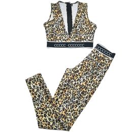 V Neck Yoga Bra Leopard Print Yoga Leggings Sexy Low Cut Yoga Vest High Stretch Yoga Pants Fashion Outdoor Fitness Jogging Yoga Suit