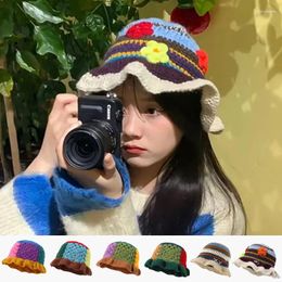 Berets 2023 Handmade Plaid Hat Autumn Girls' Sunscreen Fisherman Cotton Panama Knitted Fashion Hollow Wool Colours Bucket