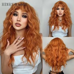 Synthetic Wigs HENRY MARGU Red Ginger Copper Yellow Wig for Women Long Curly Wave with Bangs Cosplay Party Heat Resistant Hair 230425