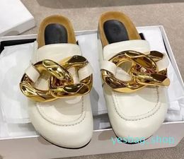 Chunky Golden Chain Embellished Leather Sandals Slippers Slides Summer Beach Sandal Women