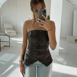 Women's Tanks 2023 Summer Women's Single-breasted Short PU Leather One-word Neck Tight Sexy Backless Small Wrap Top