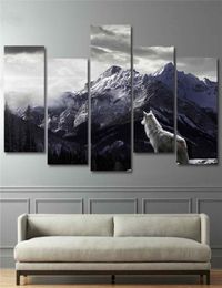 Cool HD Prints Canvas Wall Art Living Room Home Decor Pictures 5 Pieces Snow Mountain Plateau Wolf Paintings Animal Posters Framew3615932