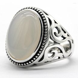 Cluster Rings 925 Sterling Silver Men's Ring White Agate Stone Punk High Jewellery