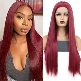 Burgundy Long Synthetic With Middle Part Silky Straight Lace Front For Women Daily Wear Cosplay Hair