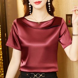 Women's Blouses Satin Women Blouse T-shirt Skew Collar Summer Short Sleeve Womens Tops Solid Elegant Clothing OL Shirts For