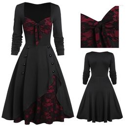 Casual Dresses Court Retro Lace Stitching Buttons Long-sleeved Ladies Dress Euro-american Women's The Square Collar Large Swing