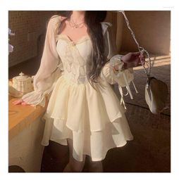 Casual Dresses Elegant Y2k Mini Dress Party Korean Kawaii Lolita Bow Women 2023 Spring Autumn Thin Lantern Sleeve Bust