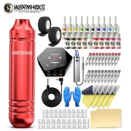 Tattoo Machine Wormhole rotary tattoo machine kit Beginner ink cartridge tattoo machine kit 20 color ink power tattoo pen kit Red 230425