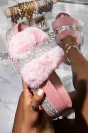 Slippers Maogu Platform Wedges Heel Solid Furry Slides Outside Sexy Shoes Ladies Thick Bottom Black 2023 Women Fur Rhinestone Slippers 43 T231125