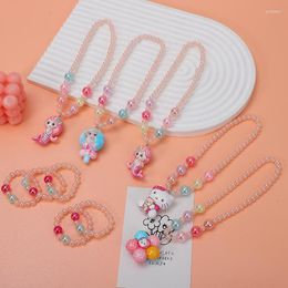 Pendant Necklaces Children's Cartoon Necklace Bracelet Ear Clip Ring Set Little Girl Luminous Jewellery Toys Kindergarten Gift