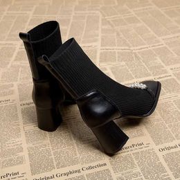 warmer Shoes for Women Korean Fashion Square Toe Women's Boots Winter Simple and Versatile Black Ankle Boots Zapatos Chunky Mujer