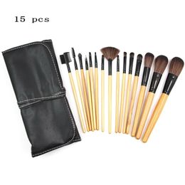 15 Pc Makeup Brushes Set Professional Wooden Handle Black Bag Make Up Storage Brush Sets