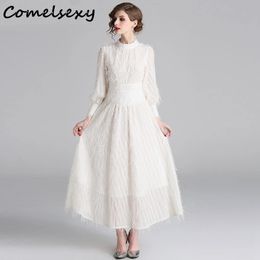 Basic Casual Dresses Comelsexy Summer Women's Elegant Stand Collar Lantern Sleeve Tassels Party Long Dresses Elegant Beige Feather Dress Vestido 231124