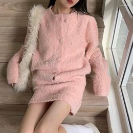 Women's Knits 2023 Winter Korean O-neck Loose Casual Sweet Pink Long Sleeve Cardigan Women High Waist Slim Knit Skirt Two-piece Suit