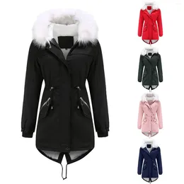 Women's Down Korean Fashion Mid-Length Fleece Lined Winter Coat Women Plus Size Button Fur Hooded High Waist Zip-up Pocket With Zipper