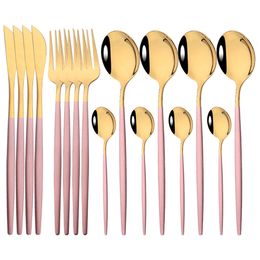 Dinnerware Sets 16pcs Pink Gold Tableware Set Mirror Stainless Steel Cutlery Kitchen Knife Fork Spoon Restaurant Wedding Flatware 231124