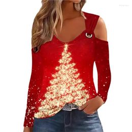 Women's T Shirts Women Fashion Christmas Tree Print Shirt Top Fall/winter Sexy Off Shoulder Long Sleeve Casual Elegant Tees