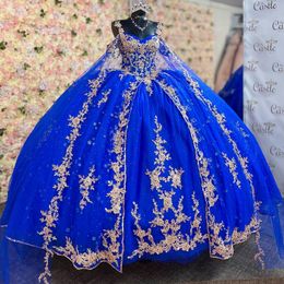 Blue Shiny Ball Gown Quinceanera Dresses 2024 Gold Applique Lace Beaded With Cape Sweet 16 Dress Vestidos De 15 Anos 0417