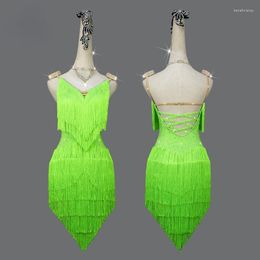 Stage Wear Custom Latin Dance Dress Green Fringe Professional Competition Performance Skirt Platform