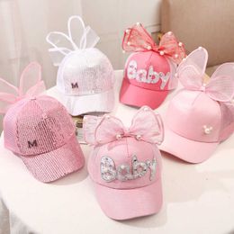 Caps s Children Big Bow Cartoon Baseball Cap Girls Pearl Snapback Mesh Protection Beach Rabbit Ear Kid Baby Trucker Sun Hat P230424