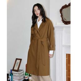 Women's windbreaker camel textured wool windproof coat slim fitting lace up mid length coat 1v